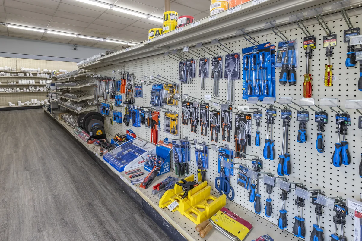 Hardware and tools displayed inside Etowah Builders Supply