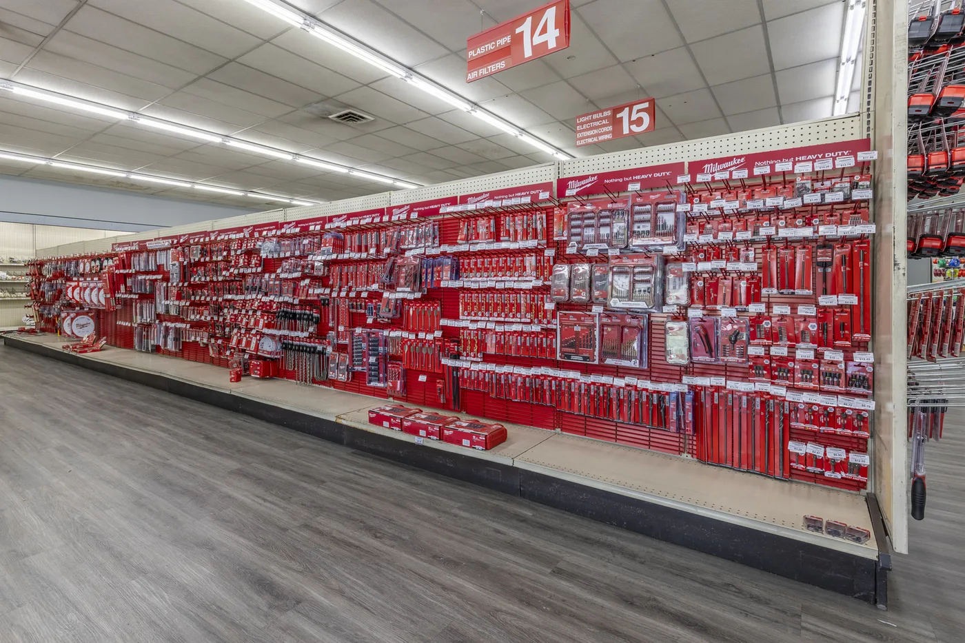 Well-stocked wall of hand tools and accessories